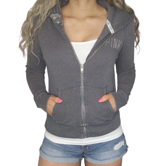 Victorias Secret Pink Sweater Womens XS Gray Silver Sequin Sparkly Full Zip - Picture 3 of 16